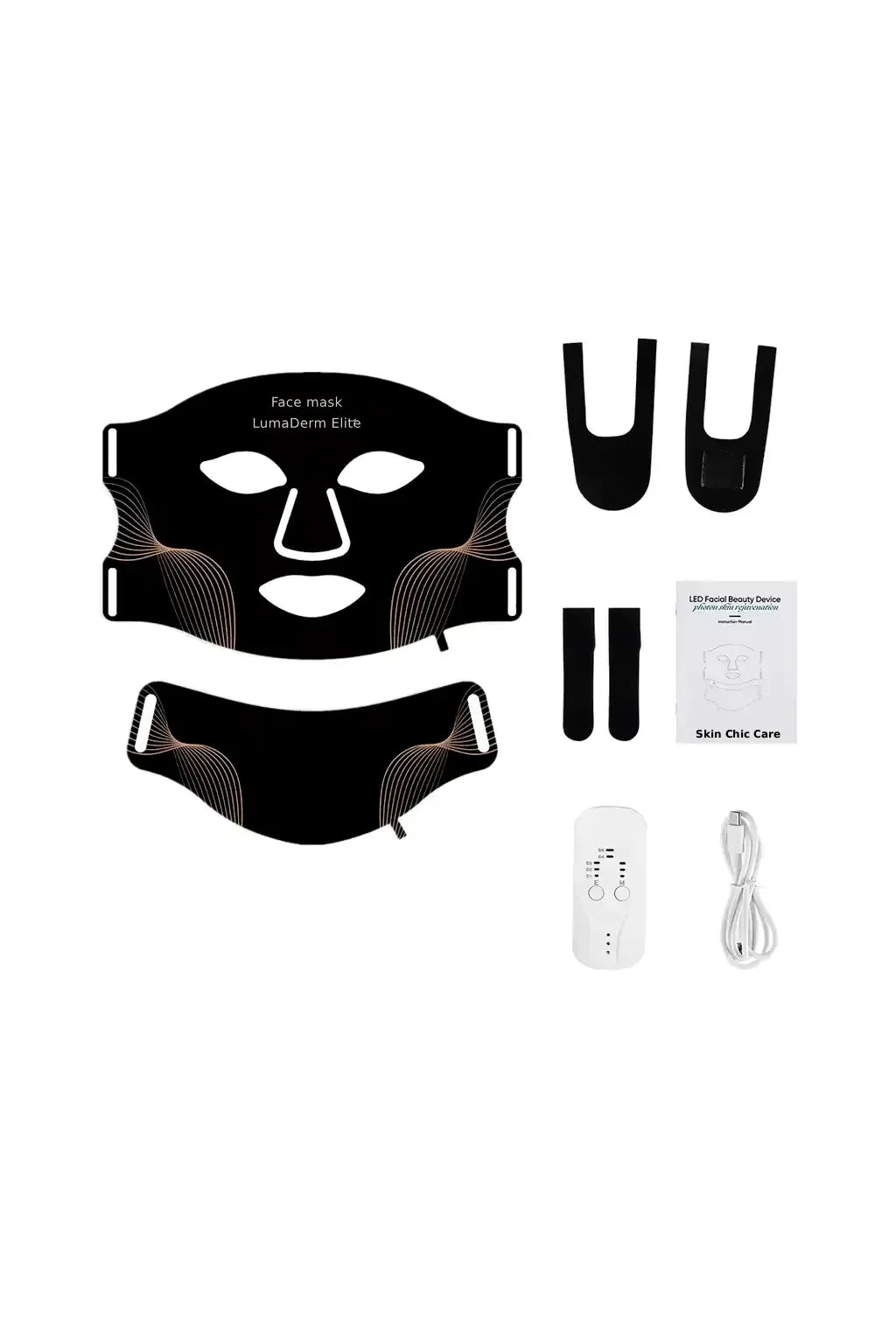 Black face mask set with tools and packaging on a white background