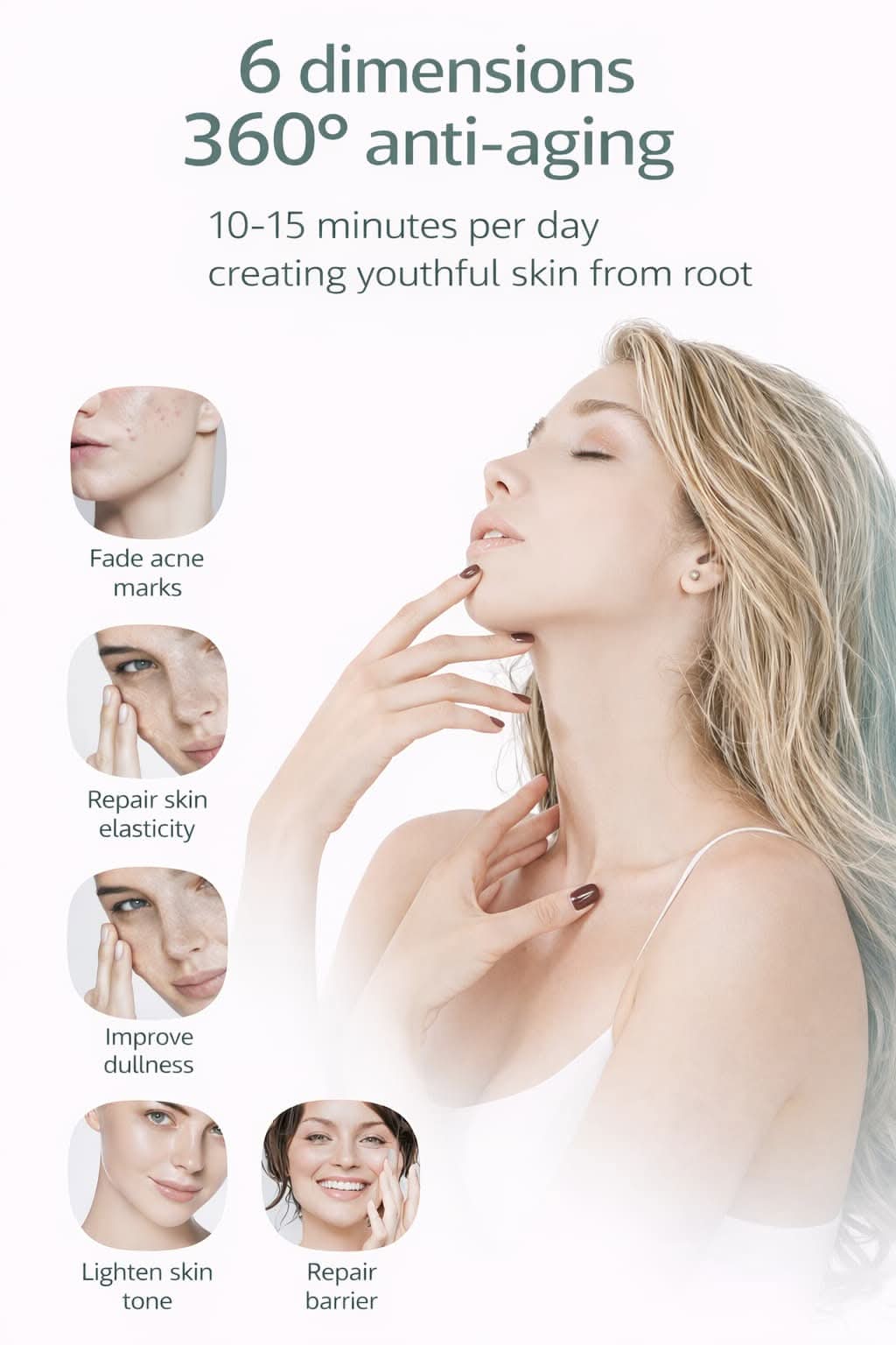Advertisement for a skincare product with a woman and icons showing skin benefits.