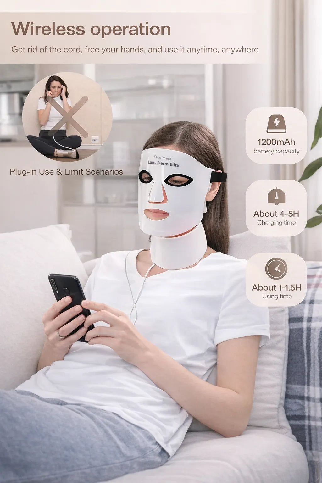 Woman using a white face mask with text on wireless operation and features.