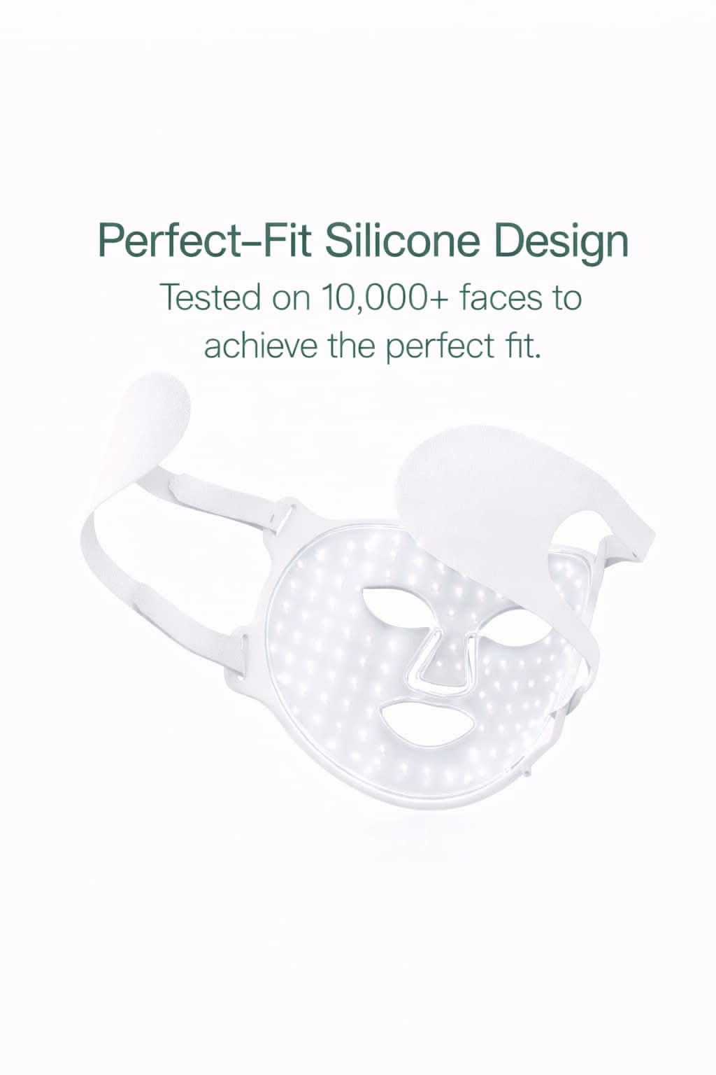 Silicone face mask with text about perfect fit and testing on 10,000+ faces.