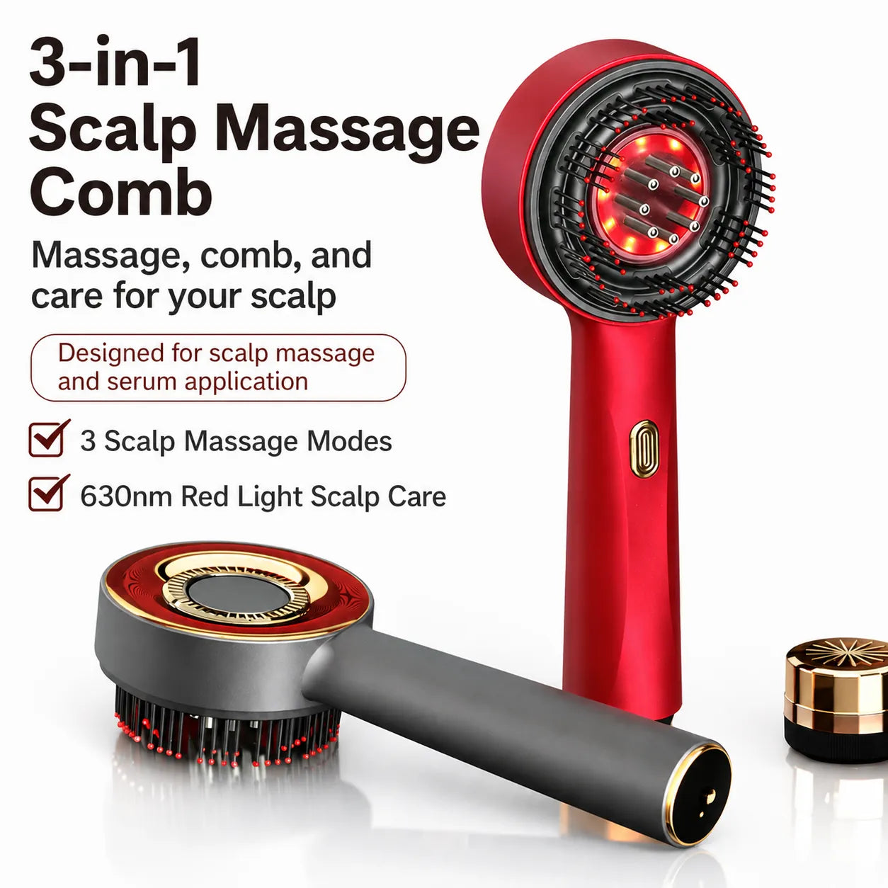 3-in-1 scalp massage comb with red light feature on a white background