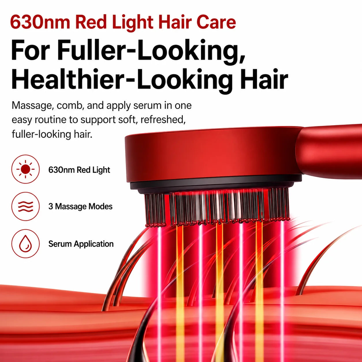 Red light hair care device with text about its benefits on a white background