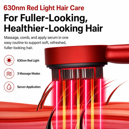 Red light hair care device with text about its benefits on a white background