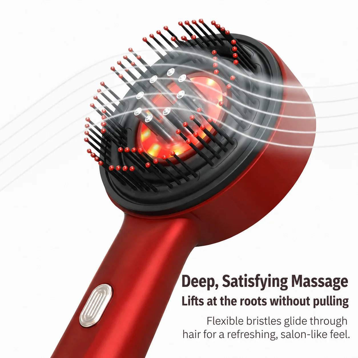 Red hair dryer with massage brush head on a white background