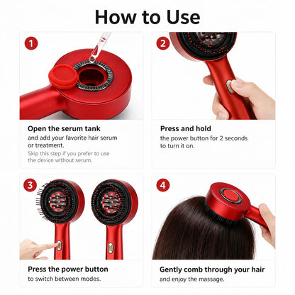 Instructions on how to use a red hair care device with text overlay.