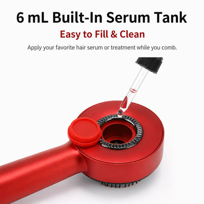 Red hair styling tool with a 6 mL built-in serum tank for easy filling and cleaning.