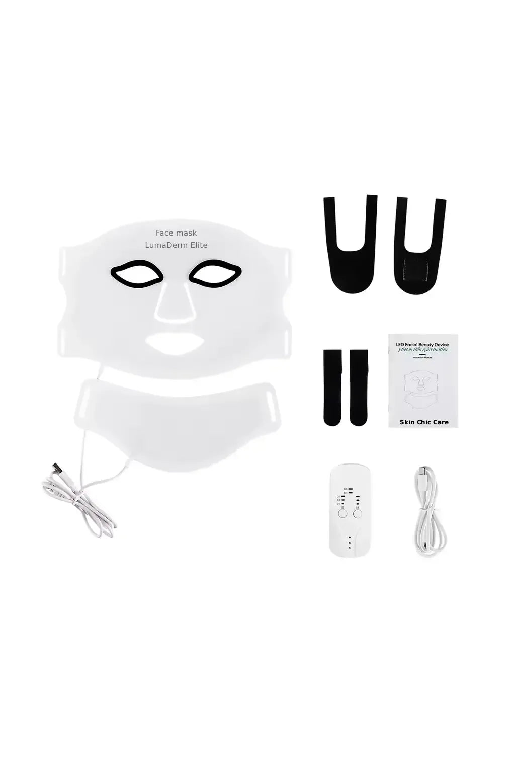 Collection of skincare products including face masks, tools, and a device on a white background